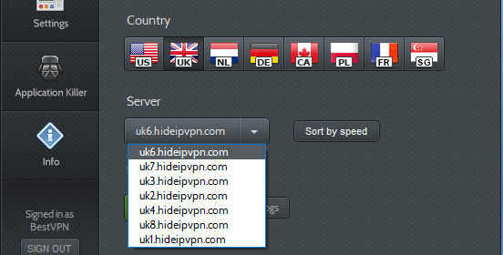 HideIPVPN app sorted server list