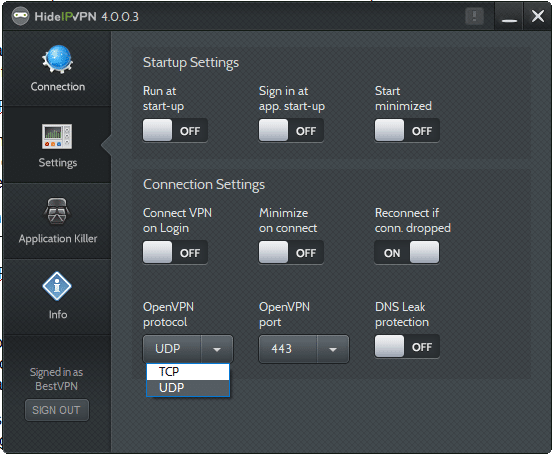 HideIPVPN app settings page