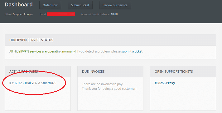 HideIPVPN Client Area Dashboard