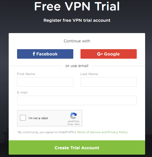 HideIPVPN free trial form