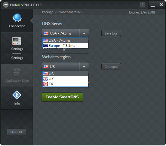 HideIPVPN smart DNS options