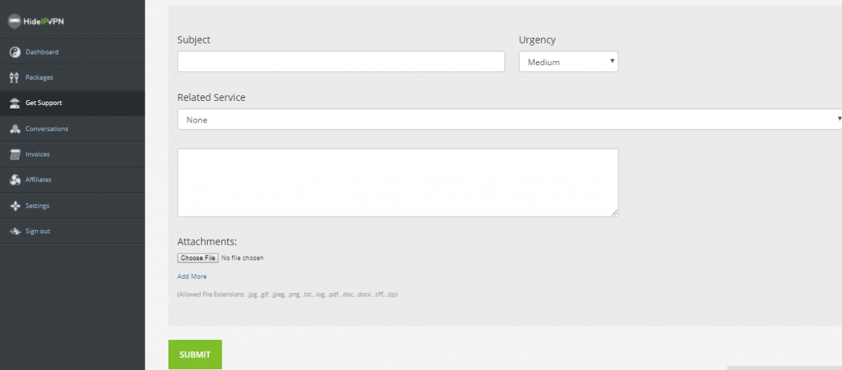 HideIPVPN support ticket form