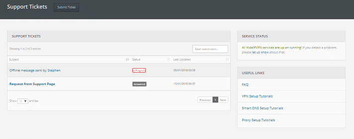 HideIPVPN support ticket status
